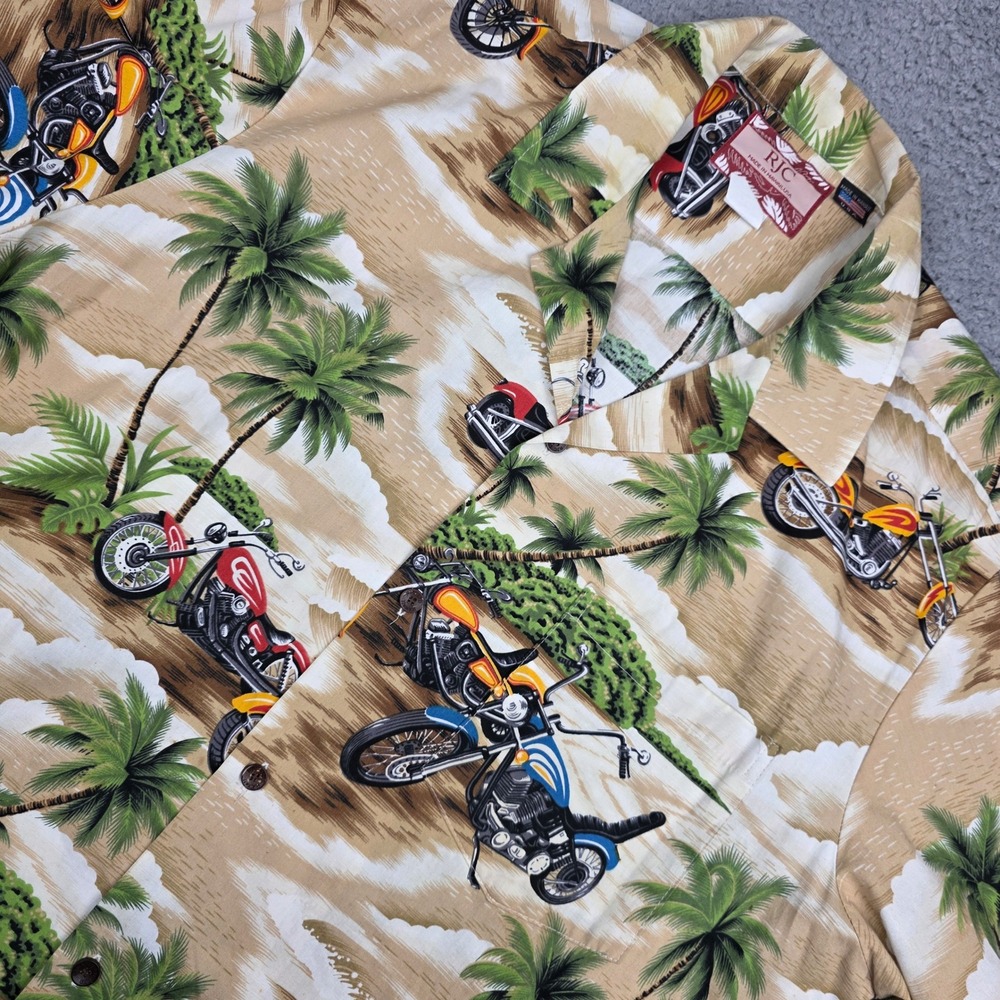 RJC Motorcycle Hawaiian Shirt Mens XL Tan Palm Tree Chopper Camp Made in USA VTG